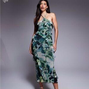 ASOS One-Shoulder Dress in Green and Blue